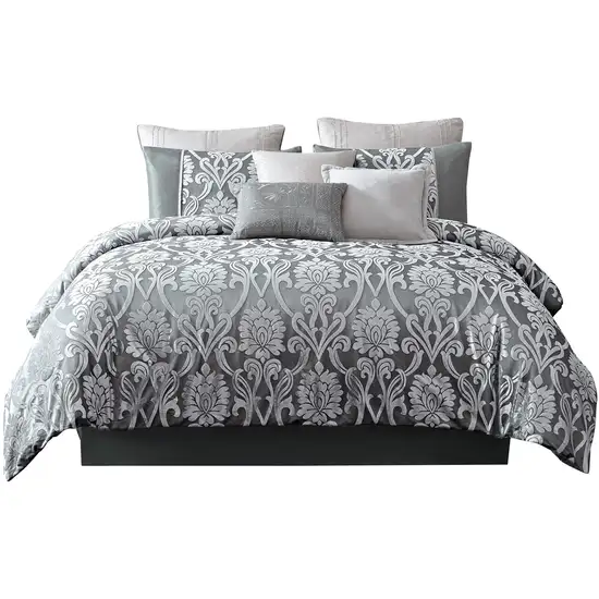 Emma 9 Piece Polyester Queen Comforter Set, Gray Silver Velvet Damask Print Photo 1