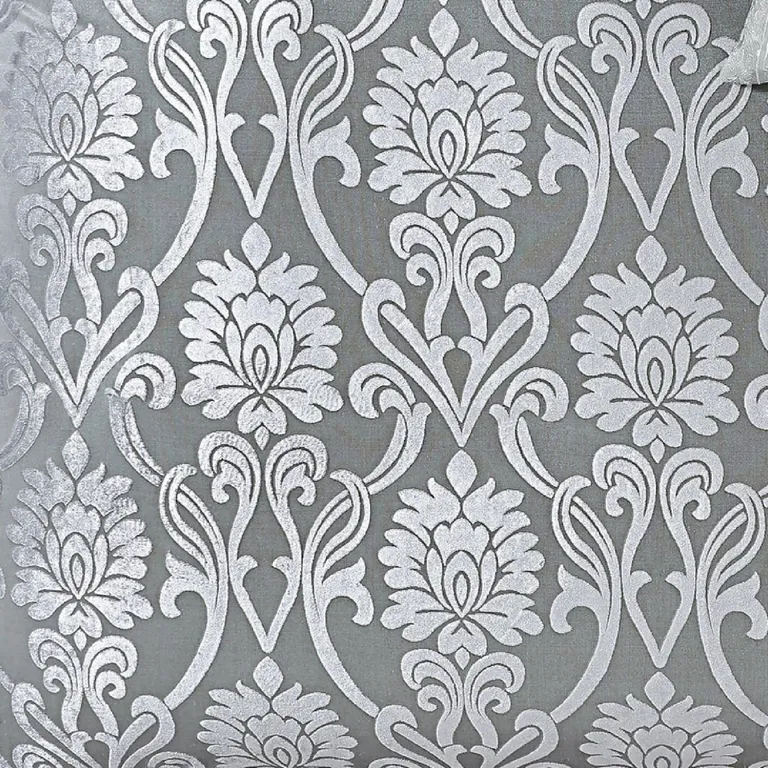 Emma 9 Piece Polyester Queen Comforter Set, Gray Silver Velvet Damask Print Photo 3