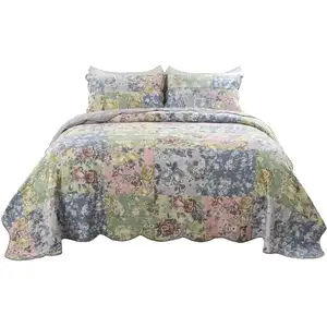 Photo of Eni 3 Piece Queen Cotton Quilt Set, Vibrant Pastel Blue Flowers, Scalloped