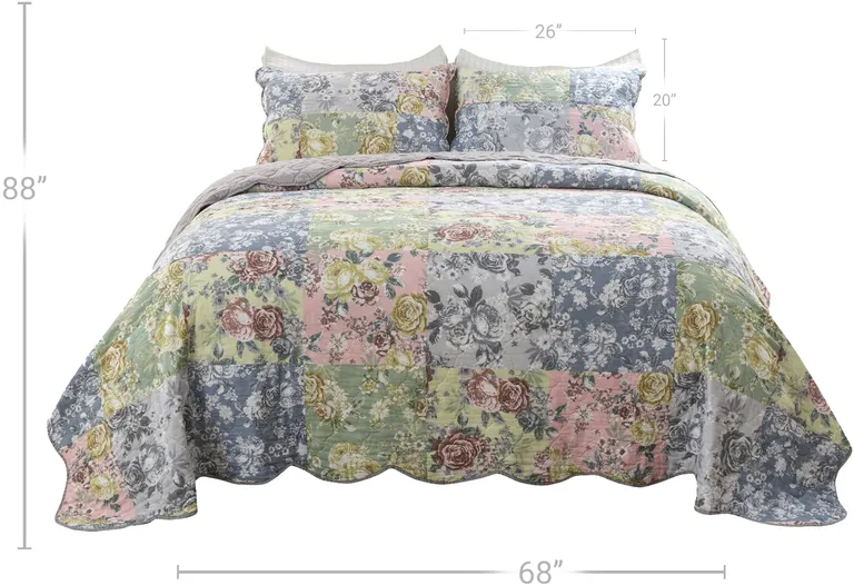 Eni 2 Piece Twin XL Cotton Quilt Set, Pastel Blue Flowers, Scalloped Edges Photo 5