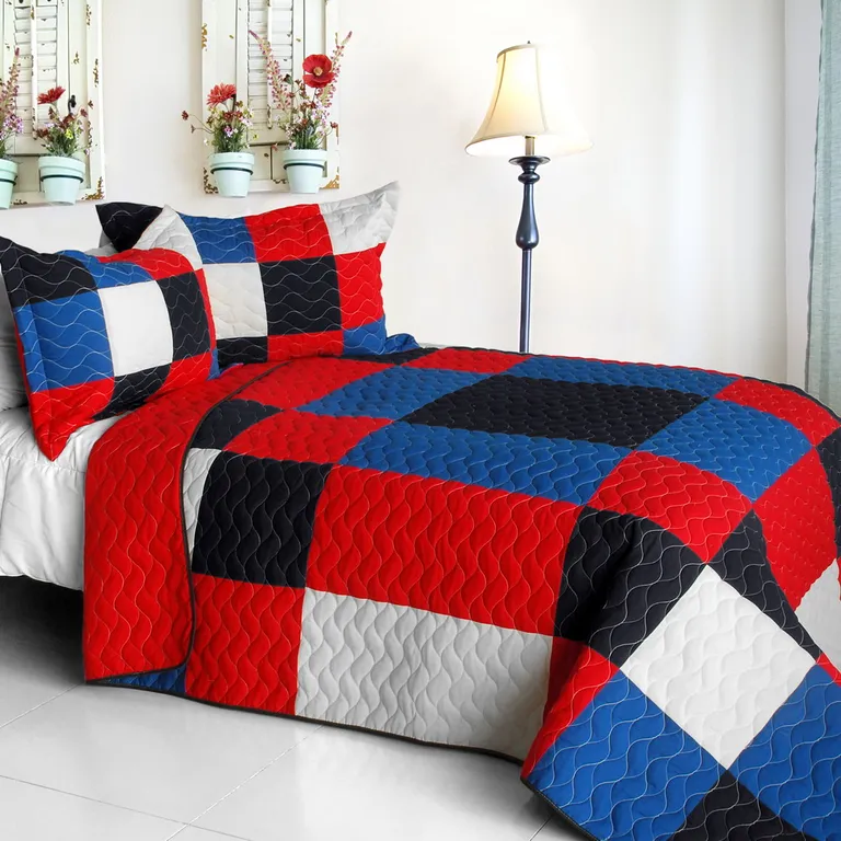 Eternal Passion - Vermicelli-Quilted Patchwork Geometric Quilt Set Full/Queen Photo 1
