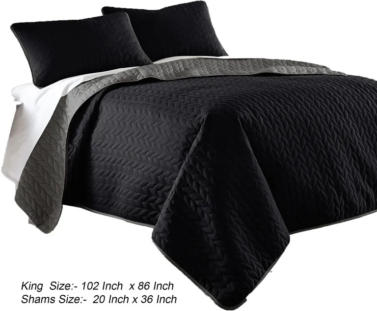 Eva 3 Piece King Microfiber Reversible Coverlet Set, Quilted, Gray, Black Photo 5