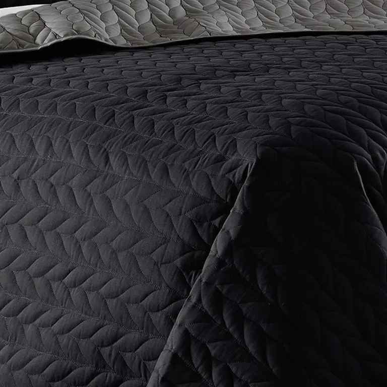 Eva 3 Piece King Microfiber Reversible Coverlet Set, Quilted, Gray, Black Photo 3