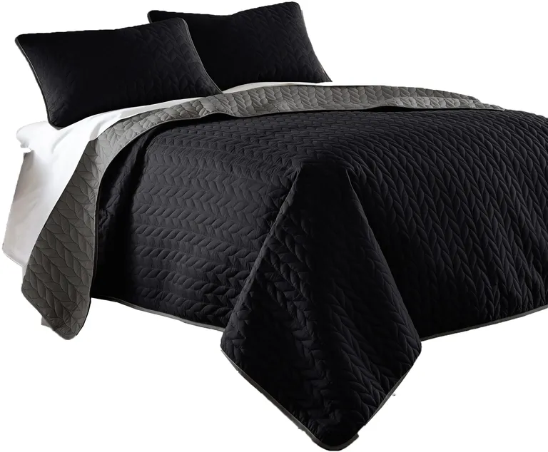 Eva 3 Piece King Microfiber Reversible Coverlet Set, Quilted, Gray, Black Photo 1