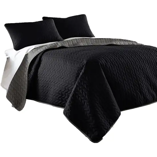 Eva 3 Piece King Microfiber Reversible Coverlet Set, Quilted, Gray, Black Photo 1