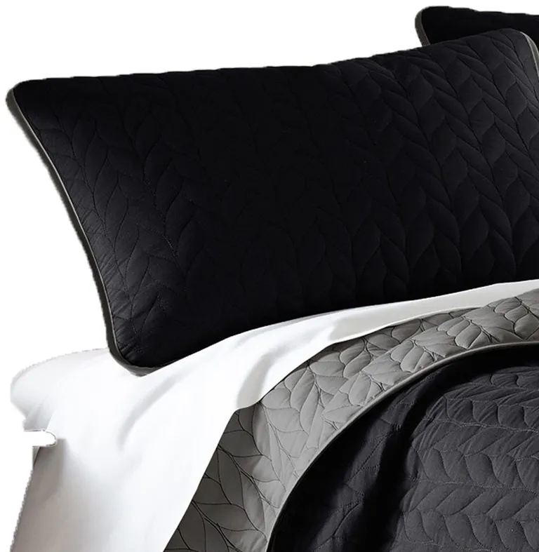 Eva 3 Piece King Microfiber Reversible Coverlet Set, Quilted, Gray, Black Photo 2