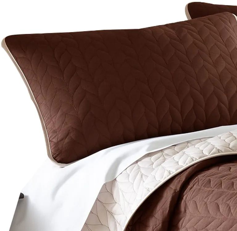 Eva 3 Piece Queen Microfiber Reversible Coverlet Set, Quilted, Brown, Ivory Photo 2