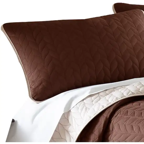 Eva 3 Piece Queen Microfiber Reversible Coverlet Set, Quilted, Brown, Ivory Photo 2