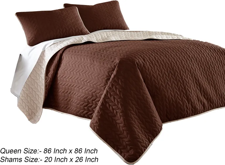 Eva 3 Piece Queen Microfiber Reversible Coverlet Set, Quilted, Brown, Ivory Photo 5