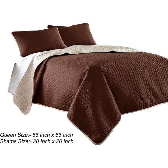 Eva 3 Piece Queen Microfiber Reversible Coverlet Set, Quilted, Brown, Ivory Photo 5