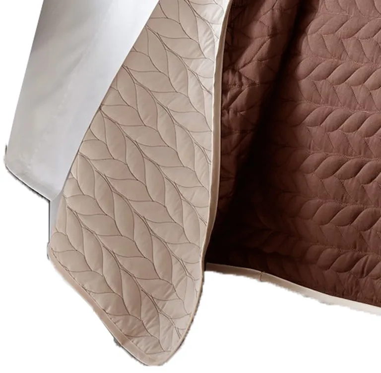 Eva 3 Piece Queen Microfiber Reversible Coverlet Set, Quilted, Brown, Ivory Photo 4