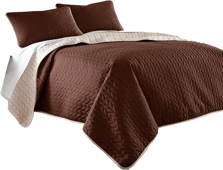 Eva 3 Piece Queen Microfiber Reversible Coverlet Set, Quilted, Brown, Ivory Photo 1