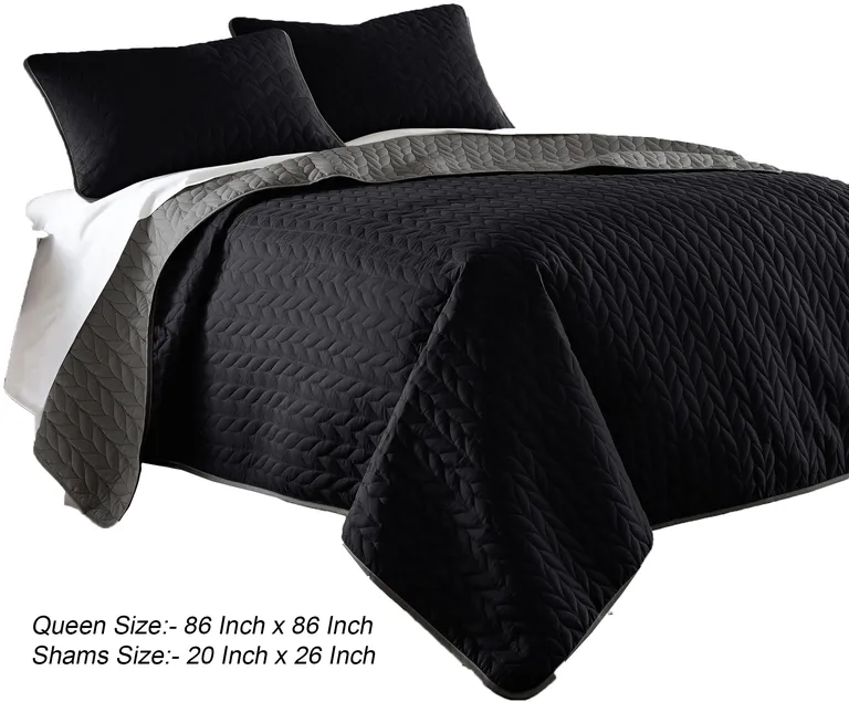 Eva 3 Piece Queen Microfiber Reversible Coverlet Set, Quilted, Gray, Black Photo 5