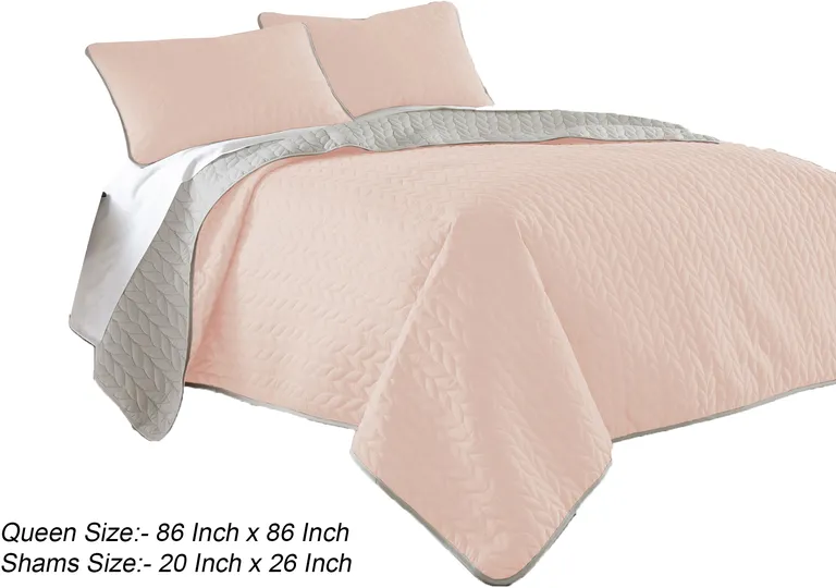 Eva 3 Piece Queen Microfiber Reversible Coverlet Set, Quilted, Gray, Pink Photo 5