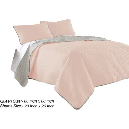 Eva 3 Piece Queen Microfiber Reversible Coverlet Set, Quilted, Gray, Pink Photo 5