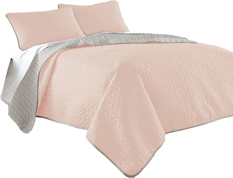 Eva 3 Piece Queen Microfiber Reversible Coverlet Set, Quilted, Gray, Pink Photo 1