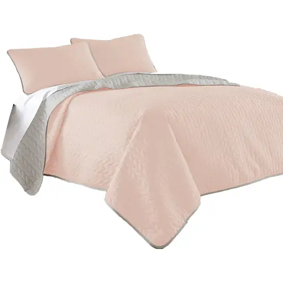 Eva 3 Piece Queen Microfiber Reversible Coverlet Set, Quilted, Gray, Pink Photo 1