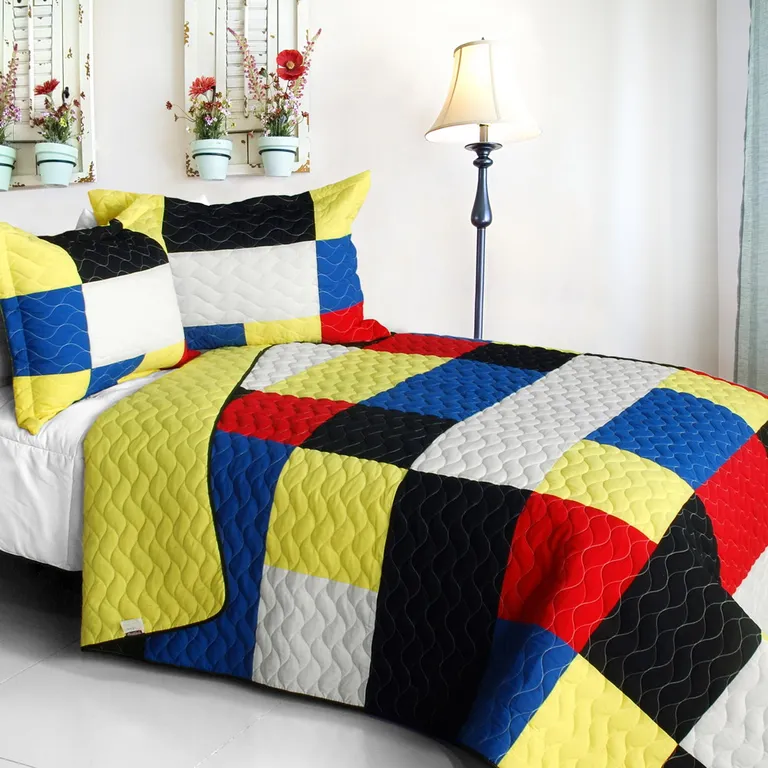 Fantastic Beauty - Vermicelli-Quilted Patchwork Plaid Quilt Set Full/Queen Photo 1