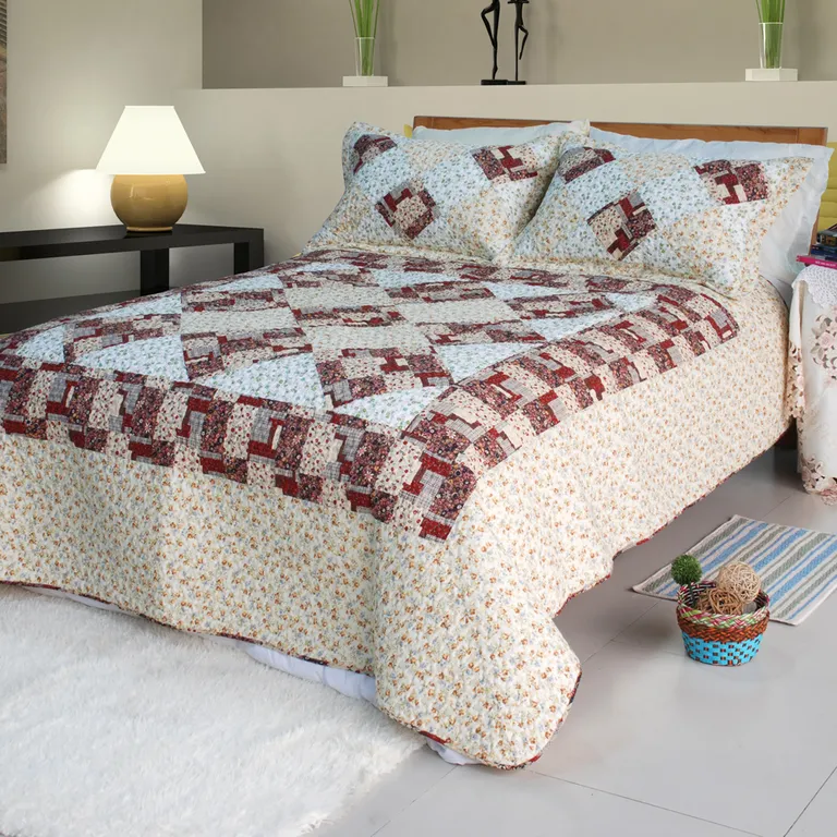 Fantasy Flowers - 100% Cotton 2PC Floral Vermicelli-Quilted Patchwork Quilt Set (Twin Size) Photo 1