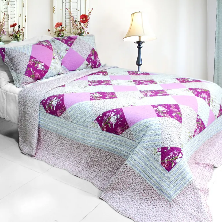 Floral Print - 3PC Cotton Vermicelli-Quilted Printed Quilt Set (Full/Queen Size) Photo 1