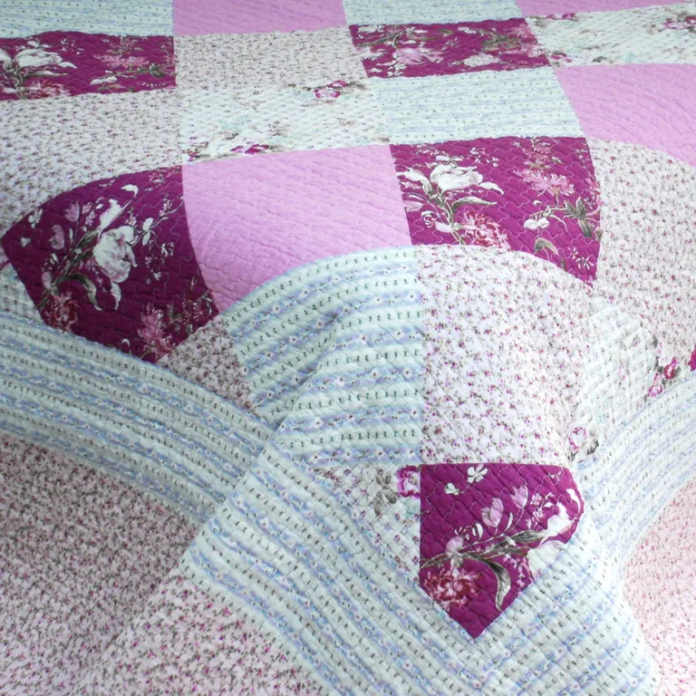 Floral Print - 3PC Cotton Vermicelli-Quilted Printed Quilt Set (Full/Queen Size) Photo 4