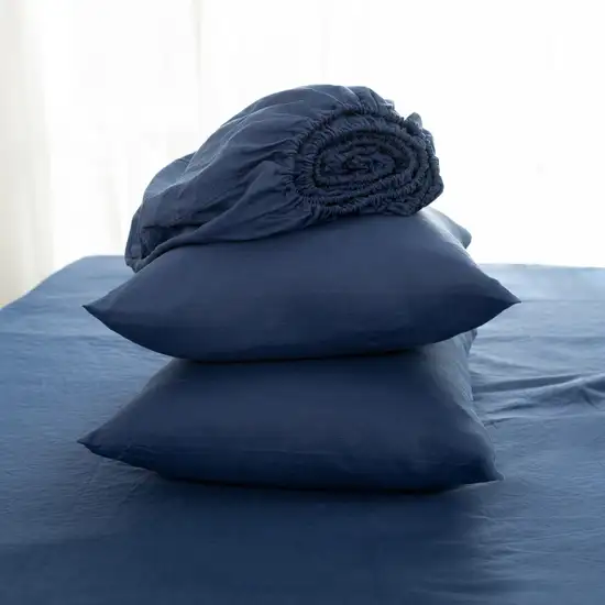 Four Piece Navy Blue Linen California King Sheet Set Photo 5