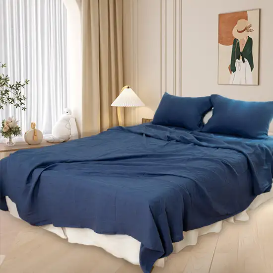 Four Piece Navy Blue Linen California King Sheet Set Photo 8