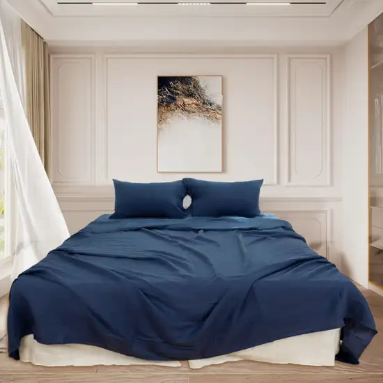 Four Piece Navy Blue Linen California King Sheet Set Photo 6