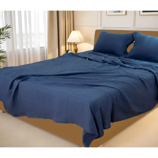 Four Piece Navy Blue Linen California King Sheet Set Photo 1