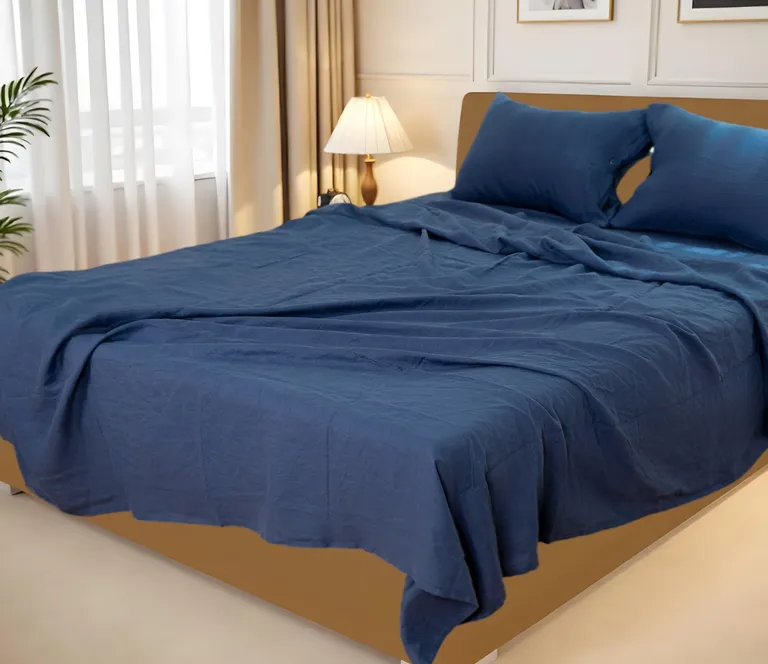 Four Piece Navy Blue Linen California King Sheet Set Photo 1