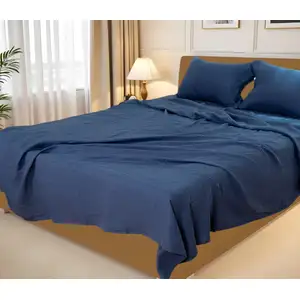 Photo of Four Piece Navy Blue Linen King Sheet Set