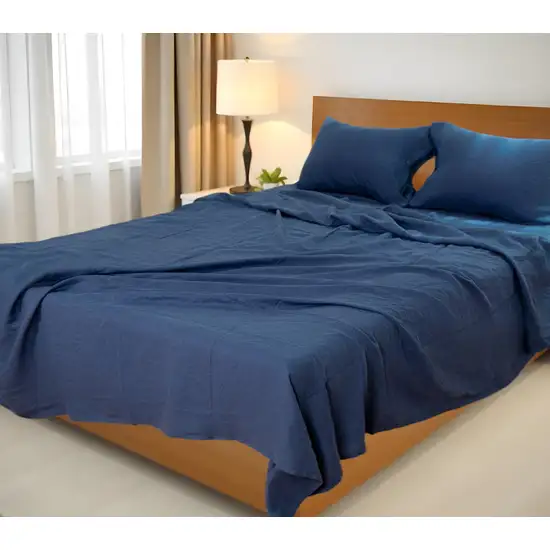 Four Piece Navy Blue Linen Queen Sheet Set Photo 1