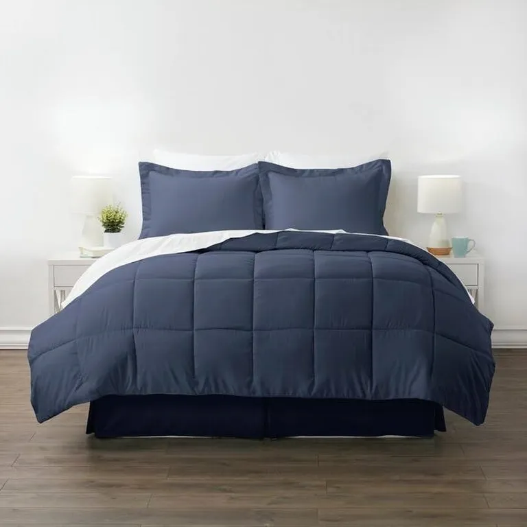 Full Navy Microfiber Baffle-Box 6-Piece Reversible Bed-in-a-Bag Comforter Set Photo 1