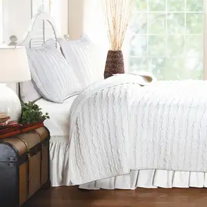 Photo of Full 3-Piece Quilt Set 100% Cotton White Ruffled Stripes Reversible