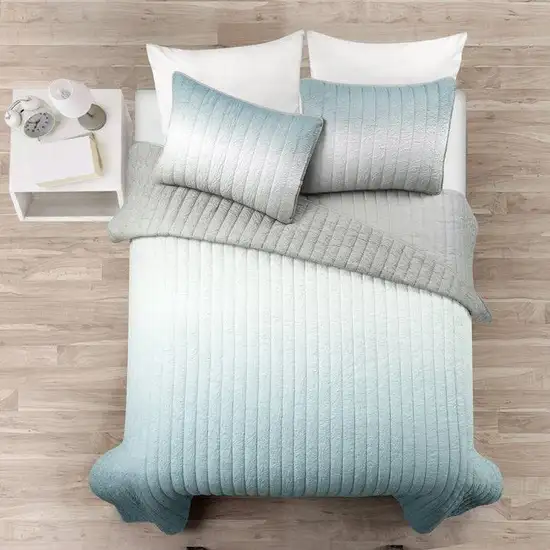 Full/Queen Aqua Grey Lightweight Crinkle Fabric 3 Piece Quilt Set Photo 2