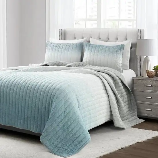 Full/Queen Aqua Grey Lightweight Crinkle Fabric 3 Piece Quilt Set Photo 1