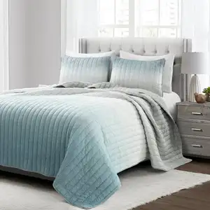 Photo of Full/Queen Aqua Grey Lightweight Crinkle Fabric 3 Piece Quilt Set