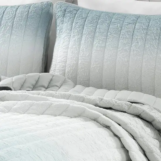 Full/Queen Aqua Grey Lightweight Crinkle Fabric 3 Piece Quilt Set Photo 3