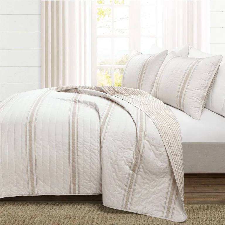 Full/Queen Beige White 3 Piece Stripe Reversible Cotton Quilt Set Photo 2