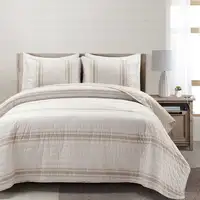 Photo of Full/Queen Beige White 3 Piece Stripe Reversible Cotton Quilt Set