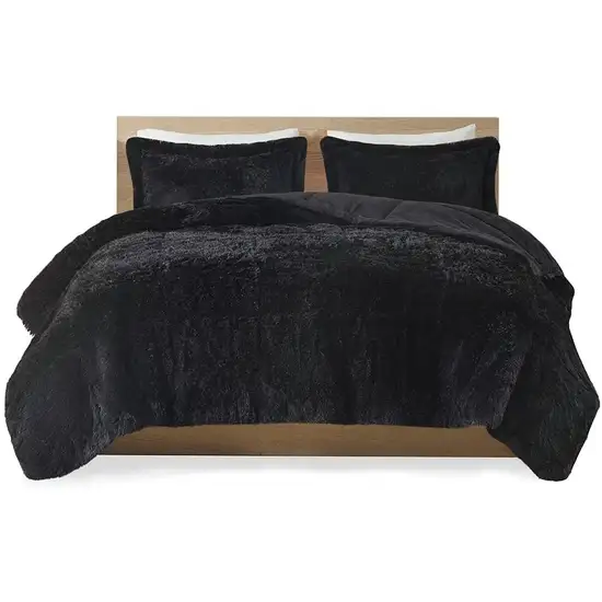 Full/Queen Black Soft Sherpa Faux Fur 3-Piece Comforter Set with Pillow Shams Photo 4