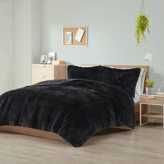 Full/Queen Black Soft Sherpa Faux Fur 3-Piece Comforter Set with Pillow Shams Photo 3