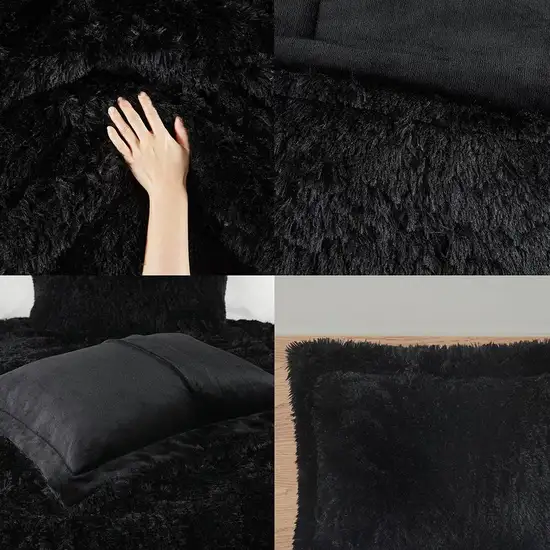 Full/Queen Black Soft Sherpa Faux Fur 3-Piece Comforter Set with Pillow Shams Photo 2