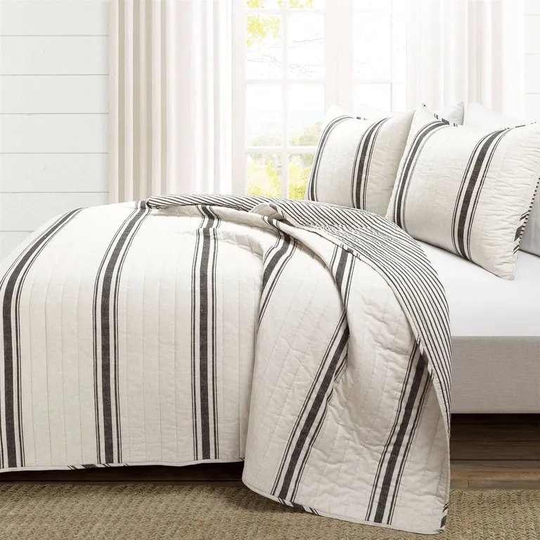 Full/Queen Black White 3 Piece Stripe Reversible Cotton Quilt Set Photo 2