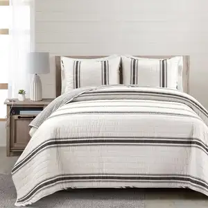 Photo of Full/Queen Black White 3 Piece Stripe Reversible Cotton Quilt Set