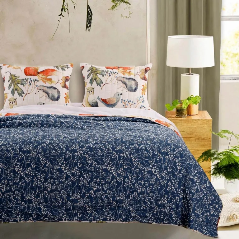 Full/Queen Blue Beige Birds Animals Floral Microfiber Reversible Quilt Set Photo 3