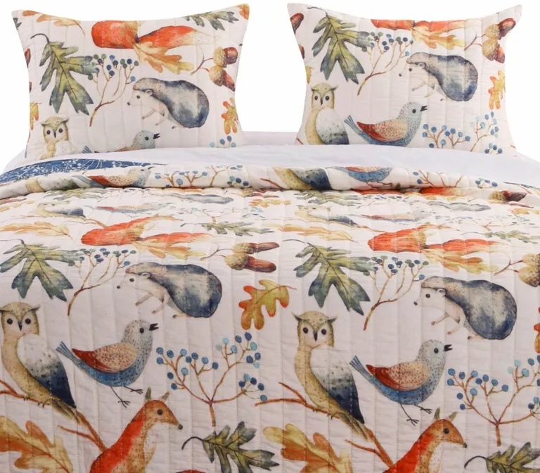 Full/Queen Blue Beige Birds Animals Floral Microfiber Reversible Quilt Set Photo 1