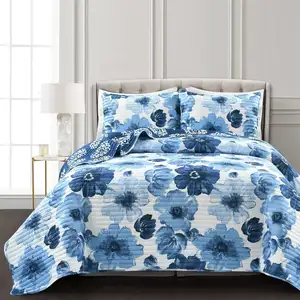 Photo of Full/Queen Blue Flowers Lightweight Polyester Microfiber Quilt Set