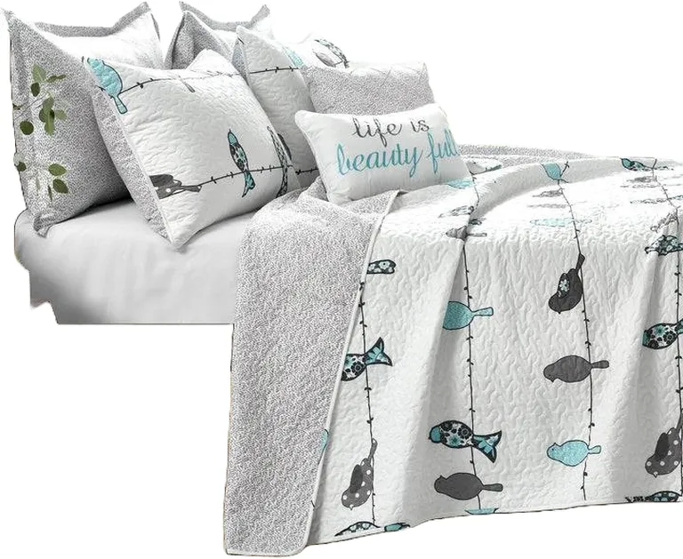 Full/Queen Blue Grey Birds On Wire Lightweight 7 PCS Quilt Set Photo 2