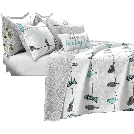 Full/Queen Blue Grey Birds On Wire Lightweight 7 PCS Quilt Set Photo 2